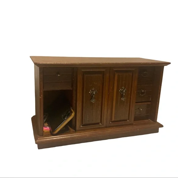 Large Vintage Wooden Double Sliding Doors Jewelry Box!